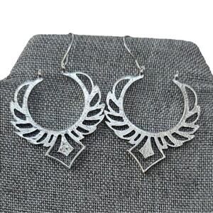 Rising Phoenix Earrings Silvertone Filagree Boho Design Pierced Ears 2 inch Drop
